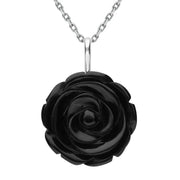 Sterling Silver Whitby Jet Large Carved Rose Necklace P1781