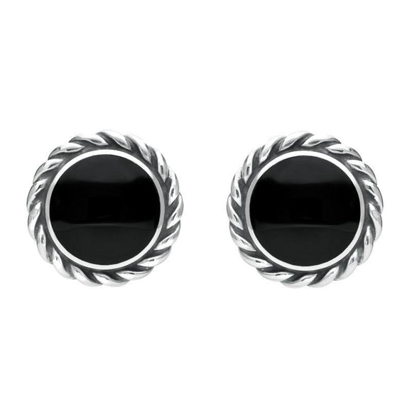 Sterling Silver Whitby Jet Large Rope Edge Round Stud Earrings E115