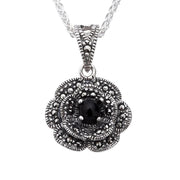 Sterling Silver Whitby Jet Marcasite Flower Necklace, P2128.