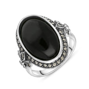 Sterling Silver Whitby Jet Marcasite Frame Large Oval Ring, R782