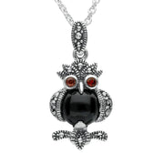 Sterling Silver Whitby Jet Marcasite Garnet Owl Two Piece Set