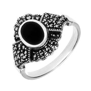 Sterling Silver Whitby Jet Marcasite Oval Antique Ring. R455.