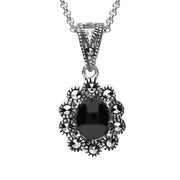 Sterling Silver Whitby Jet Marcasite Oval Beaded Edge Necklace, P2343.