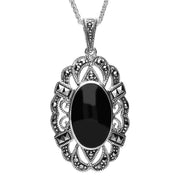 Sterling Silver Whitby Jet Marcasite Oval Lace Edge Necklace, P2122.
