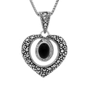 Sterling Silver Whitby Jet Marcasite Oval Swirl Heart Necklace P3120C