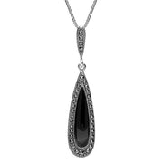Sterling Silver Whitby Jet Marcasite Pear Drop Necklace, P2978.