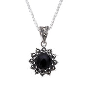 Sterling Silver Whitby Jet Marcasite Round Beaded Edge Necklace, P2127.