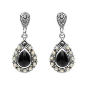 Sterling Silver Whitby Jet Marcasite Round Edge Bead Drop Earrings. E2306