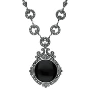 Sterling Silver Whitby Jet Marcasite Round Ornate Necklace, N997.