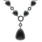 Sterling Silver Whitby Jet Marcasite Triangular Thirteen Stone Necklace, N995.