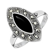 Sterling Silver Whitby Jet Marcasite Vintage Edge Marquise Ring, R749.