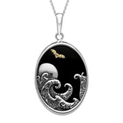 Sterling Silver Whitby Jet Moon Waves Bat Oval Necklace P3443