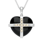 Sterling Silver Whitby Jet Nine Pearl Medium Cross Heart Necklace P2159