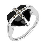 Sterling Silver Whitby Jet Nine Stone Marcasite Small Cross Heart Ring R980