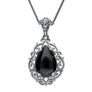 Sterling Silver Whitby Jet Ornate Carved Pear Necklace, P2839.