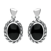 Sterling Silver Whitby Jet Oval Rope Edge Triangle Bale Drop Earrings E286