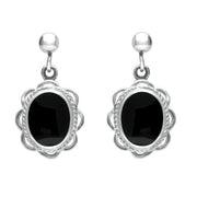 Sterling Silver Whitby Jet Oval Rope Frill Drop Earrings E024