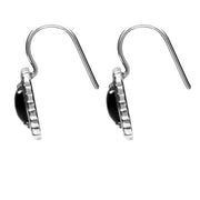 Sterling Silver Whitby Jet Oxidised Square Pattern Hook Drop Earrings. E1952.