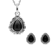 Sterling Silver Whitby Jet Pear Shaped Rope Edge Beaded Two Piece Set