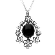 Sterling Silver Whitby Jet & Pearl Edge Flower Necklace. P2220
