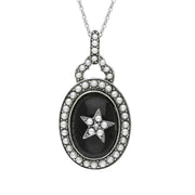 Sterling Silver Whitby Jet Pearl Framed Large Oval Flower Necklace P2219