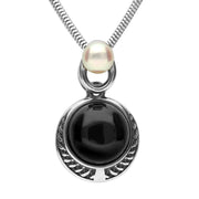 Sterling Silver Whitby Jet Pearl Two Stone Rope Edge Necklace. P1995.