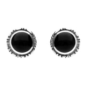 Sterling Silver Whitby Jet Small Circle Rope Edge Stud Earrings. E137.