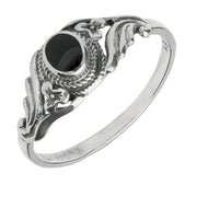 Sterling Silver Whitby Jet Small Fancy Scroll Ring, R127.