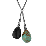 Sterling Silver Whitby Jet & Turquoise Tapered Double Dropper Necklace. N580
