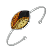 Sterling Silver Whitby Jet and Amber Three Stone Marquise Torque Bangle. B954