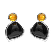 Sterling Silver Whitby Jet and Amber Two Stone Pear Drop Stud Earrings. E1815