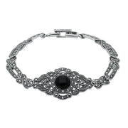 Sterling Silver Whitby Jet and Marcasite Fancy Tapered Bracelet. B880