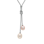 Sterling Silver White Peach Pearl Two Stone Knot Drop Necklace. N819.