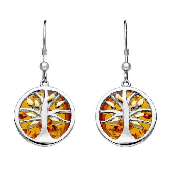 Sterling Silver Yellow Gold Plated Amber Large Round Tree of Life Two Piece Set S063