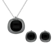 Sterling Silver Whitby Jet Cushion Pattern Edge Two Piece Set
