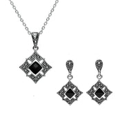 Sterling Silver Whitby Jet Marcasite Square Two Piece Set, S084.
