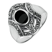 00006683 C W Sellors Sterling Silver Whitby Jet Marcasite Oval Stone Framed Ring, R526.