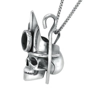 00141455 C W Sellors Sterling Silver Whitby Jet Skull With Crown and Shepherds Crook Necklace, PUNQ0004982