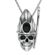 00141455 C W Sellors Sterling Silver  Whitby Jet Skull With Crown and Shepherds Crook Necklace, PUNQ0004982
