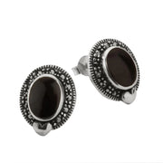 C W Sellors Earrings Whitby Jet And Silver Marcasite Oval Framed Edged Stud E876