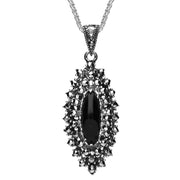 Silver Whitby Jet Marcasite Double Row Stone Pendant Necklace P2133