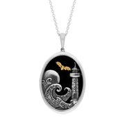 Sterling Silver 9ct Yellow Gold Whitby Jet Moon Waves Lighthouse Bat Oval Necklace P3642