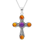 Sterling Silver Amber Amethyst Gothic Stone Set Cross Necklace, P1636.
