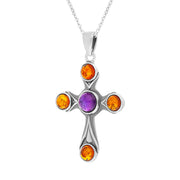 Sterling Silver Amber Amethyst Gothic Stone Set Cross Necklace, P1636_2.