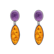 Sterling Silver Amber Amethyst Oval Top Marquise Drop Stud Earrings, E1102.