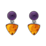 Sterling Silver Amber Amethyst Round Top Triangle Drop Stud Earrings, E1146.