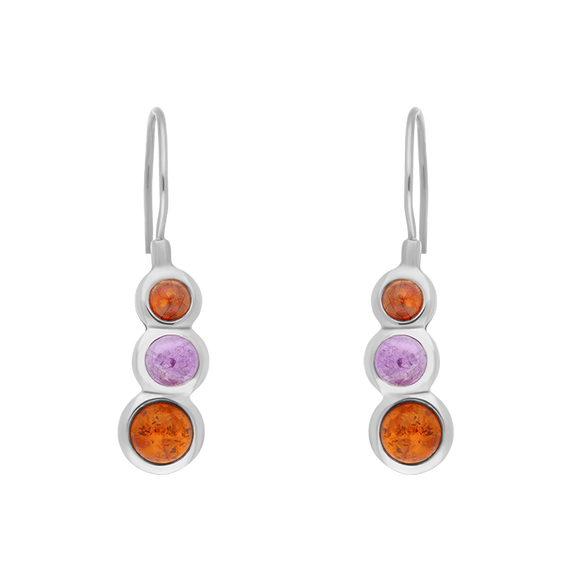 Sterling Silver Amber Amethyst Tapered Round Drop Earrings, E1157.