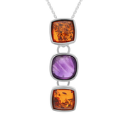Sterling Silver Amber Amethyst Three Cushion Drop Necklace, P1619C_AMB.