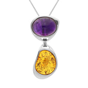 Sterling Silver Amber Amethyst Two Stone Drop Necklace, PUNQ0001340.