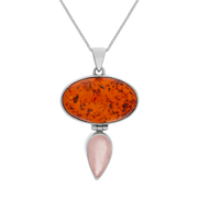 Sterling Silver Amber Rose Quartz Large Oval Two Stone Drop Necklace, PUNQ0001159.
